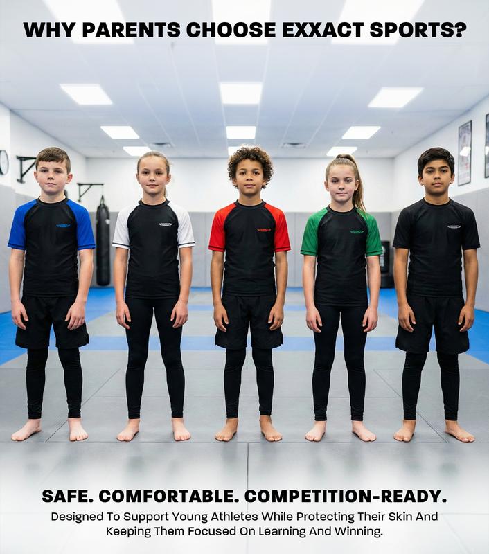 Exxact Sports Kids BJJ Rash Guard Short Sleeve, Ranked No Gi Jiu Jitsu Compression Shirt for Boys & Girls for MMA, Wrestling - (Black) Activewear