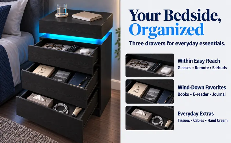 LIKIMIO Nightstand with Charging Station & LED Lights, Modern Bedside Table with 2- or 3-Drawer Options, Sliding Top, Standard Top or Lockable Top Drawer, End Table for Bedroom & Small Spaces Nightstand With Drawers