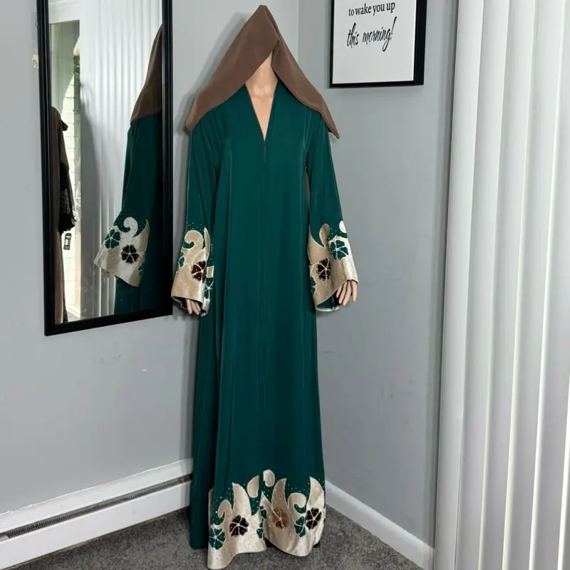 Korean Silk Abaya with Rhinestone Accents and Laser Embroidery