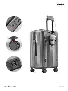 Glossy Abs+PC 20-Inch Suitcase, Vertical-Ridge Lightweight Luggage, Cup Holder & Phone Stand, USB Port, for Commute, Weekend Trips, Business Travelers