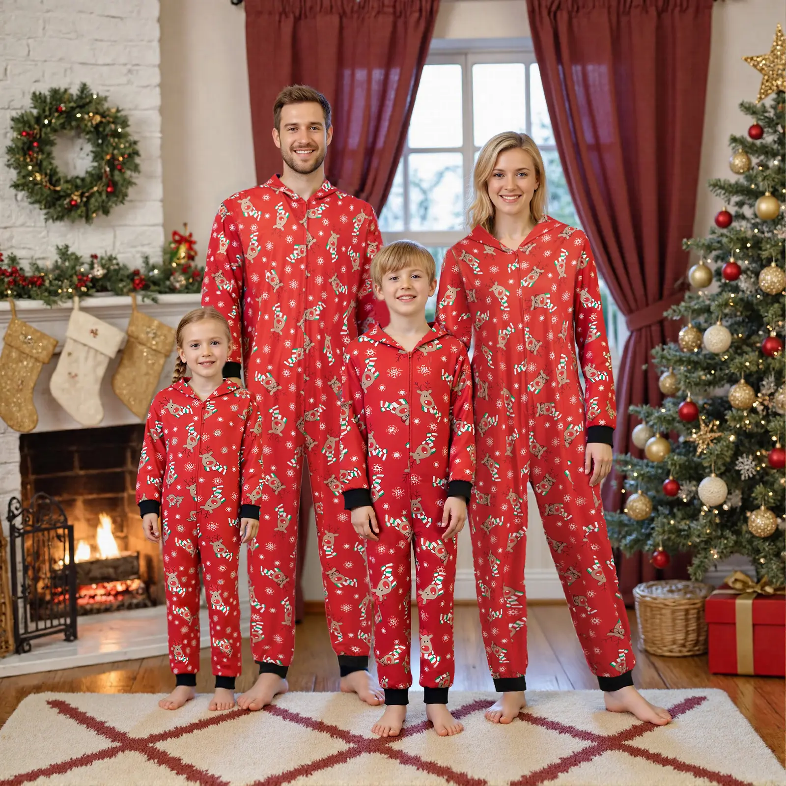 FOCUSNORM Christmas Family Matching Jumpsuit Pajamas Set  Mom Dad Kids Cute Deer Hoodie Romper Holiday Xmas Party Loungewear
