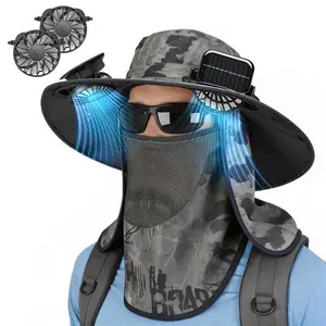 2 In 1 Solar Fan Hat UPF50+ Sun Hat With Fans Wide Brim Fishing Hat with Face Cover Neck Flap Solar USB Charging for Hiking Gardening Outdoor Work