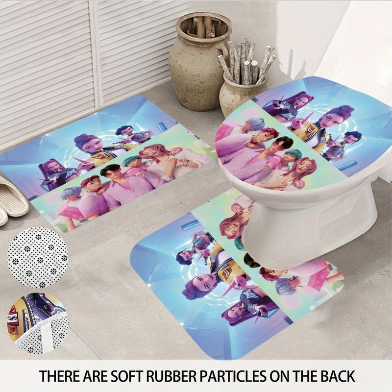 K-POP Demon Hunters Bathroom Set, Shower Curtain Sets Including Shower Curtain with 12 Hooks, Non-Slip Bath Rug, U-Shaped Toilet Mat, Toilet Lid Cover, Bathroom Decoration Accessories