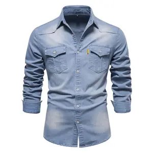 Fashion Autumn Cotton Denim Shirts Men Casual Long Sleeve Quality Cowboy Shirt Solid Color Slim Elegant Rhinestone Button-Up Shirt