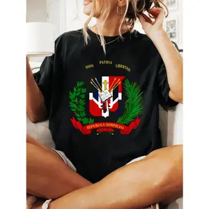 Coat of Arms Republica Dominicana Bandera Dominican Flag T-Shirt Cotton Round Neck Short Sleeve Comfort Tee Top For Spring Summer Women's Clothing