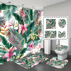 [Popular Choice]1pc/4pcs, bathroom curtains shower, bathroom set, shower curtains, Shower Curtain Sets, bathroom rug, home decoration, bathroom mat, flamingos and palm leaf patterns, simple and luxurious theme decoration, bathroom set, with 12 hooks.