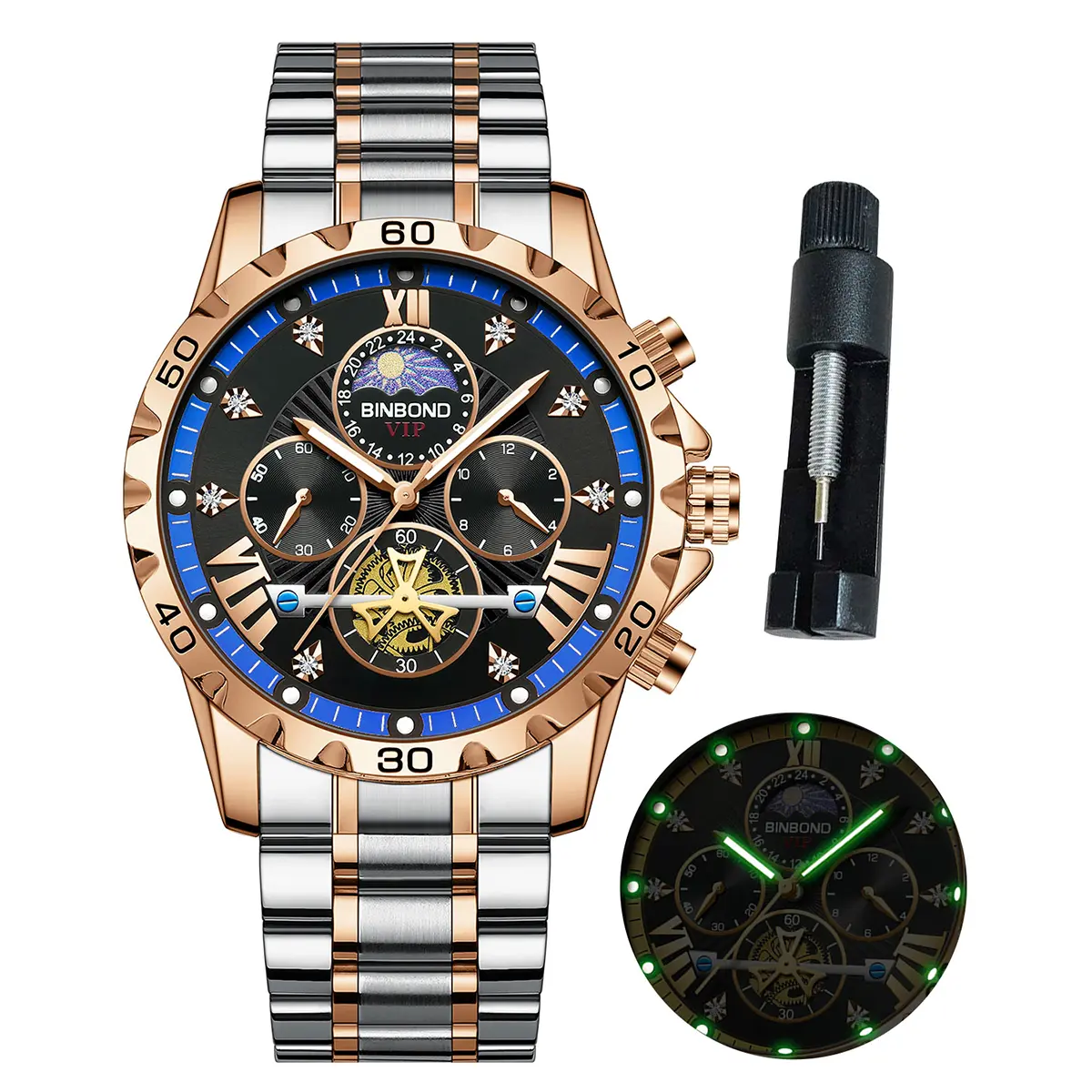 BINBOND Watch for Men Big Face  Luxury Diamond Quartz Watch Business Waterproof Luminous Chronograph Men Wrist Watch G3103