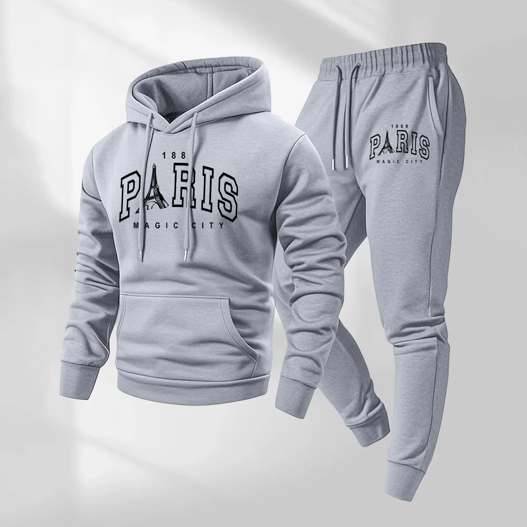 Men's Eiffel Tower Print Hoodie & Drawstring Sweatpants Set Casual Sportswear Long-Sleeved Hooded Jacket Jogging Pants Autumn Winter Sportswear Indoor Outdoor Wear