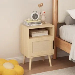 Rattan Nightstand, Side Table with Drawer Open Shelf, Cane Accent Bedside End Table with Solid Wood Legs for Bedroom, Dorm and Small Spaces (Oak)