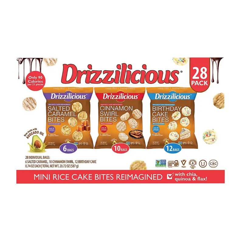 Drizzilicious Mini Rice Cake Bites Variety Pack 0.74 Ounce Pack of 28 Snack Dessert Made with Avocado Oil Sweet Treats Birthday
