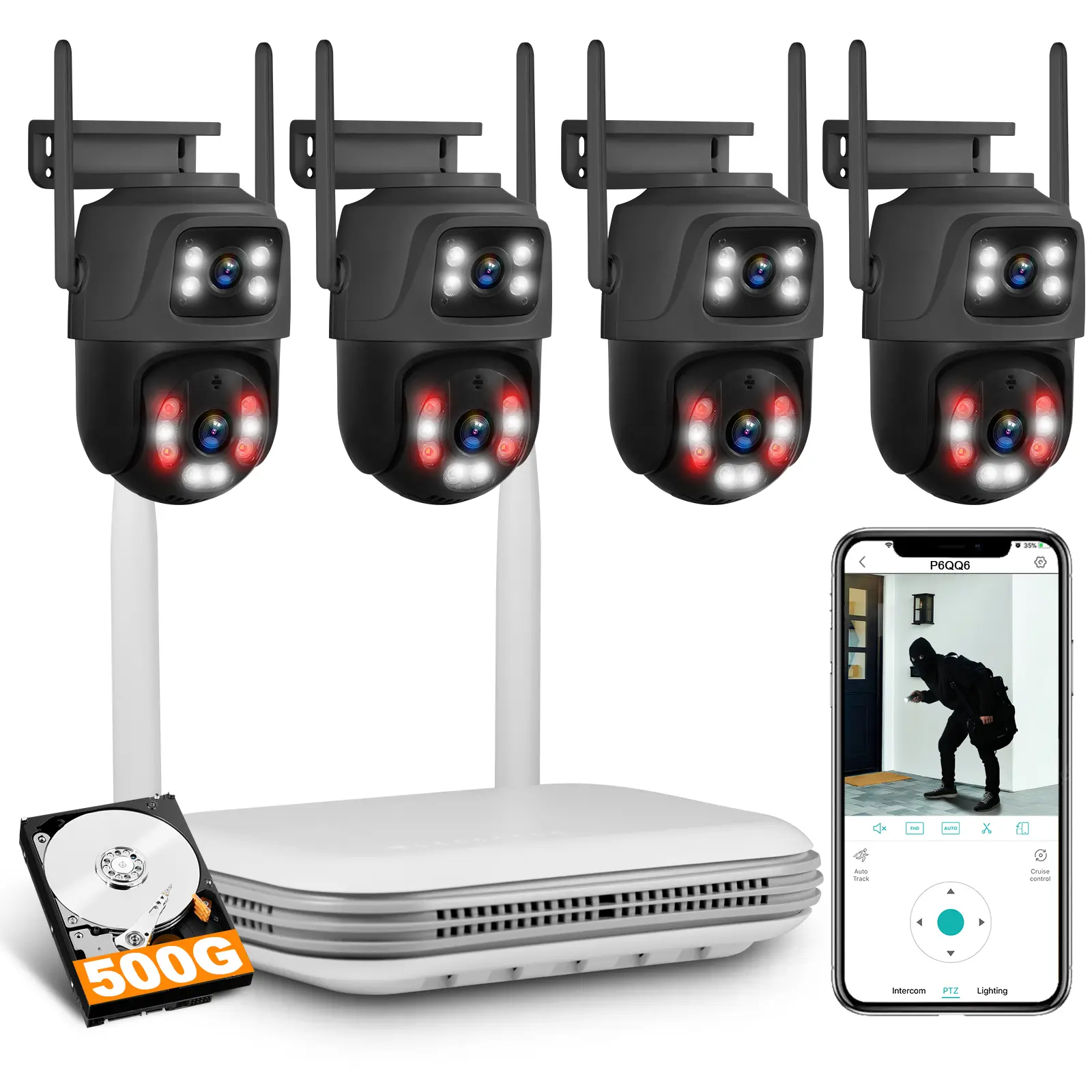 Kerui 6MP Resolution WiFi NVR Kit, 4-Camera 8CH Security System with Dual-Lens PTZ Auto Tracking, 500GB Expandable-to-8TB ABS Plastic Hard Drive, Siren & Spotlight Alarm, 24/7 Recording, Free iCSee App Remote View
