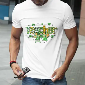 St. Patrick's Day Teacher T-shirt - "Teacher" Shamrock & Bow Print Design, Casual Crew Neck Short-Sleeved T-shirt, All Seasons Suitable, Comfortable & Versatile, Festive Green Themed, Teacher Exclusive Holiday Fun Apparel