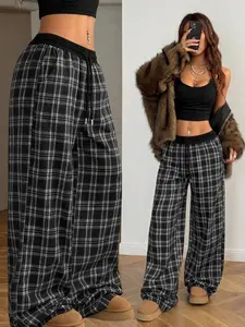 Women's Plaid Patchwork Comfortable Soft Loose-Fit Casual Straight Leg Knit Pants, All-Season Moderate Fabric, Perfect for Daily Wear, Womenswear