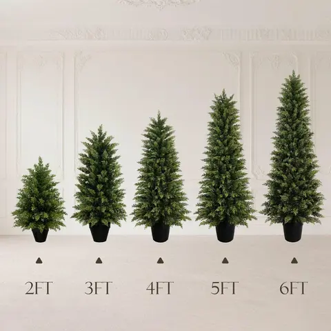 The Cedar trees 2/3/4/5/6FT 2 Pack Artificial Cypress Trees Tower Shaped False Needles with Realistic Textured Leaves UV Resistant Christmas Tree suitable for outdoor/indoor Halloween decoration