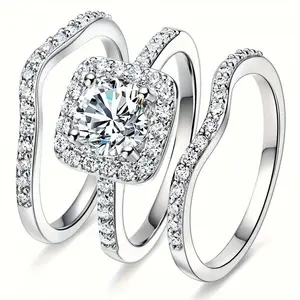 Round Cut Classic Three-in-One 3 Pieces Set Halo Wedding Engagement Promise Eternity Ring for Women darry ring