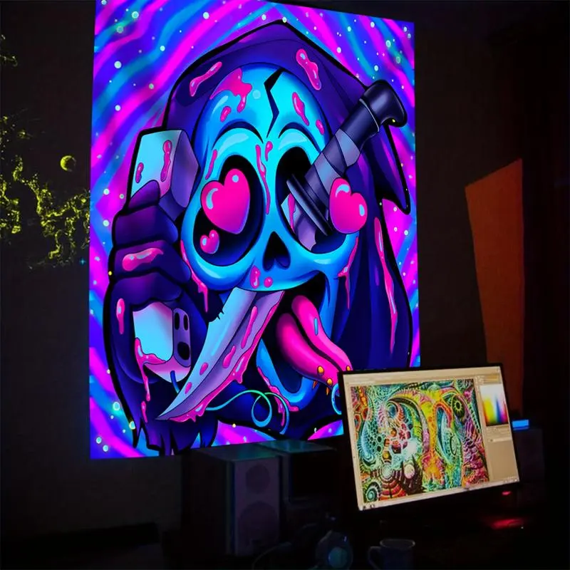 Colorful Fantasy Aesthetic Decorative Tapestry - UV Black Light Reactive Neon Skull with Knife and Telephone Wall Decor, Ideal for Dormitory, Party Decor, Includes Free Installation Accessories, 60x40in Gift for Home Supplies