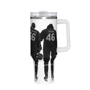 College Ice Hockey Romance Novel Inspired Travel Tumbler with Two Players Jersey Number Back Shot Graphic, Monochrome All Over Print for Game Day and Daily Coffee Run