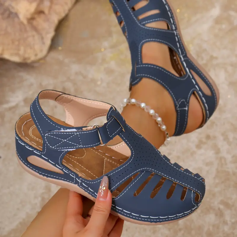 Women's Soft PU Leather Sandals, Casual Summer Sandals, Adjustable Wedge Sandals, Closed Toe Design, Vintage Non-Slip Beach Shoes, Comfortable Footwear, Comfy Footwear Sandals