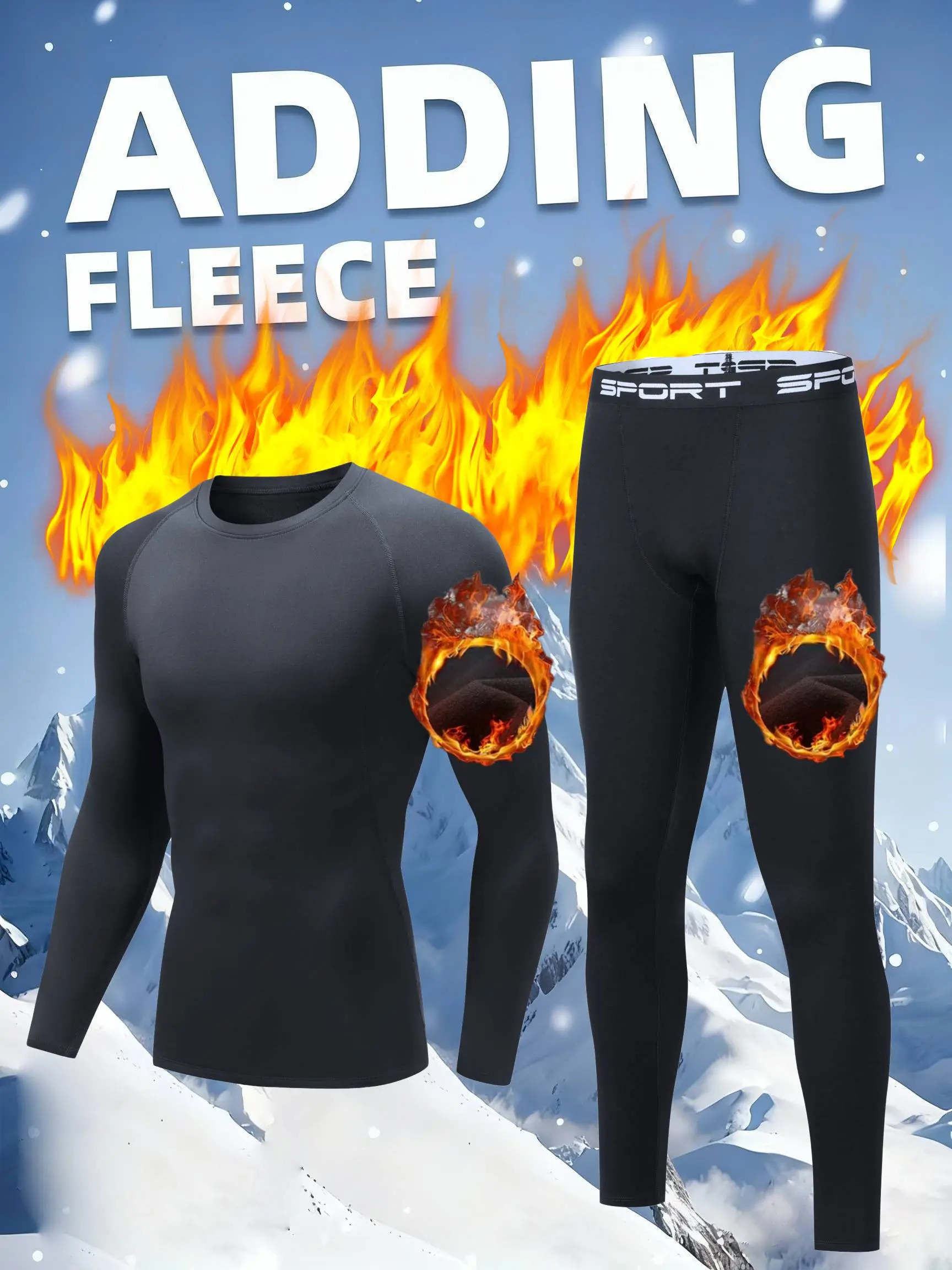 Men's 2-Piece Plain Fleece-Lined Thermal Underwear Set - Top & Pants for Home Wear, Active Sport Jogging, Activewear, Crew Neck, Basics