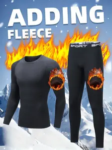 Men's Thermal Underwear Set 2 Pieces Fleece Lined for Home Wear Includes Top and Pants Menswear Black Sport Active Joggers Thermal Coverall long