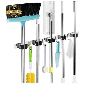 AceMining 5 Racks and 4 Hooks Mop and Broom Holder Wall Mount, Broom Organizer Storage Tool Racks Stainless Steel Heavy Duty Hooks Self Adhesive Solid Non-slip for Home Kitchen Garden Laundry Garage