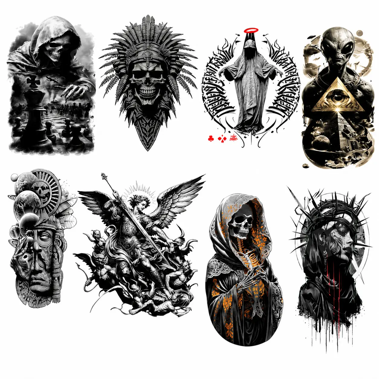 Streetwear DTF Gang Sheet - 3 Halftone/Black Knockout Designs, 22"x65" Ready-to-Press, 8 Oversize Pre-Made Transfers for Alien Gothic Skeleton Urban DIY Projects, Angelic