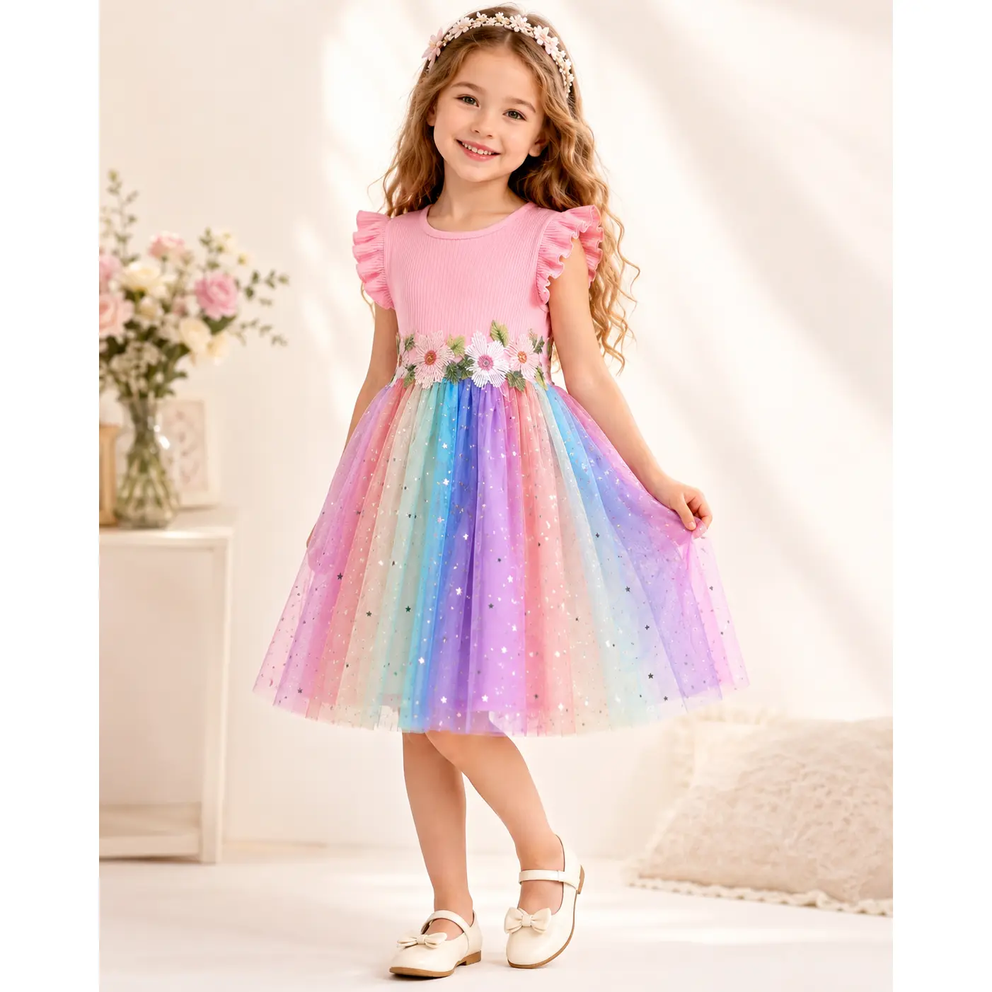 HILEELANG Girls Tulle Dress with Detachable Floral Belt, Soft Cotton Ribbed Flutter Sleeve Princess Dress for Toddler Little Girls 2-8Y Toddler Dresses Toddler Outfit