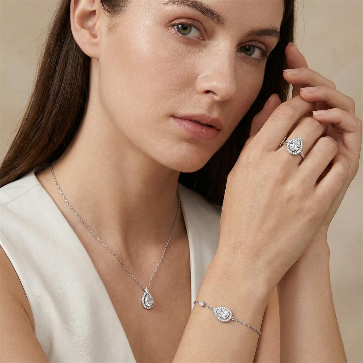 Moissanite Luminous Drop Halo Jewelry Set Elegant Pear Cut Ring Necklace Bracelet Trio Set for Birthday Wedding Engagement Anniversary Gift Daily Wear mothersdaygift
