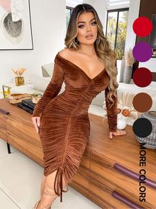 women's off shoulder ruched drawstring velvet dress, elegant long sleeve midi dress for party dating wear, women's clothing for fall & winter