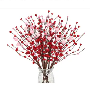 6 Valentines Day Decorations Artificial Flowers Berry Twig Stem, Heart Shaped Berry Picks Fake Flowers Bulk Branches Valentine's Day Gifts Anniversary Wedding Home Mothers Day Decor(Mix)