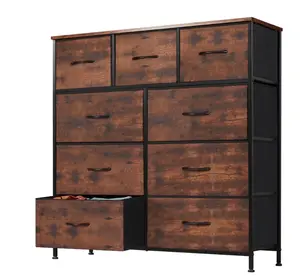 9 Drawer Dresser, Wide Chest of Drawers Nightstand Storage Tower Storage Fabric Dresser with Wood Top for Living Room, Bedroom, Hallway,Rustic Brown