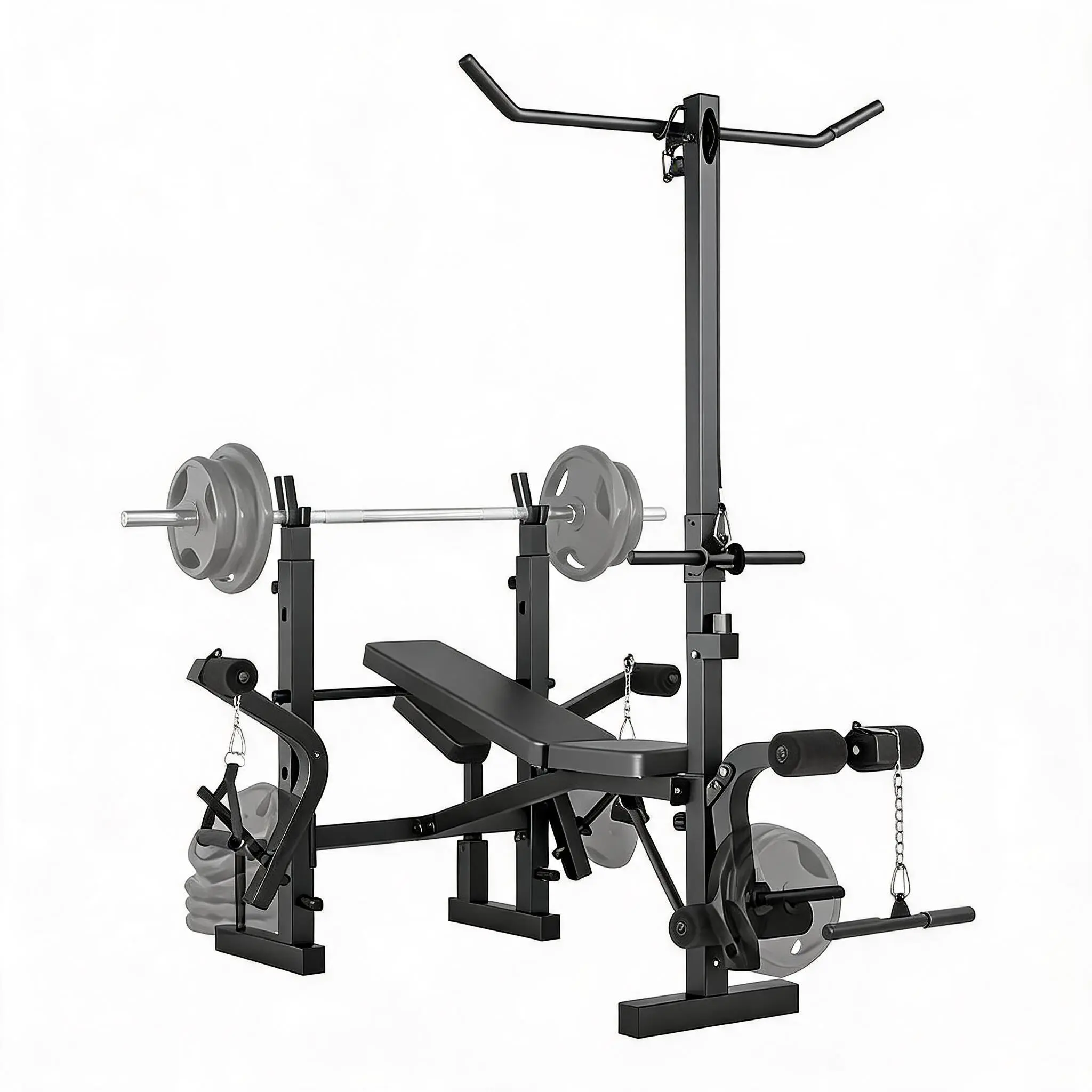 Garvee 8-in-1 Collapsible Weight Bench Set with Squat Rack & Lat Pulldown Attachment - Adjustable Bench Press, Leg Extension, Preacher Wave Pad, Flat/Incline Home Gym Strength Training
