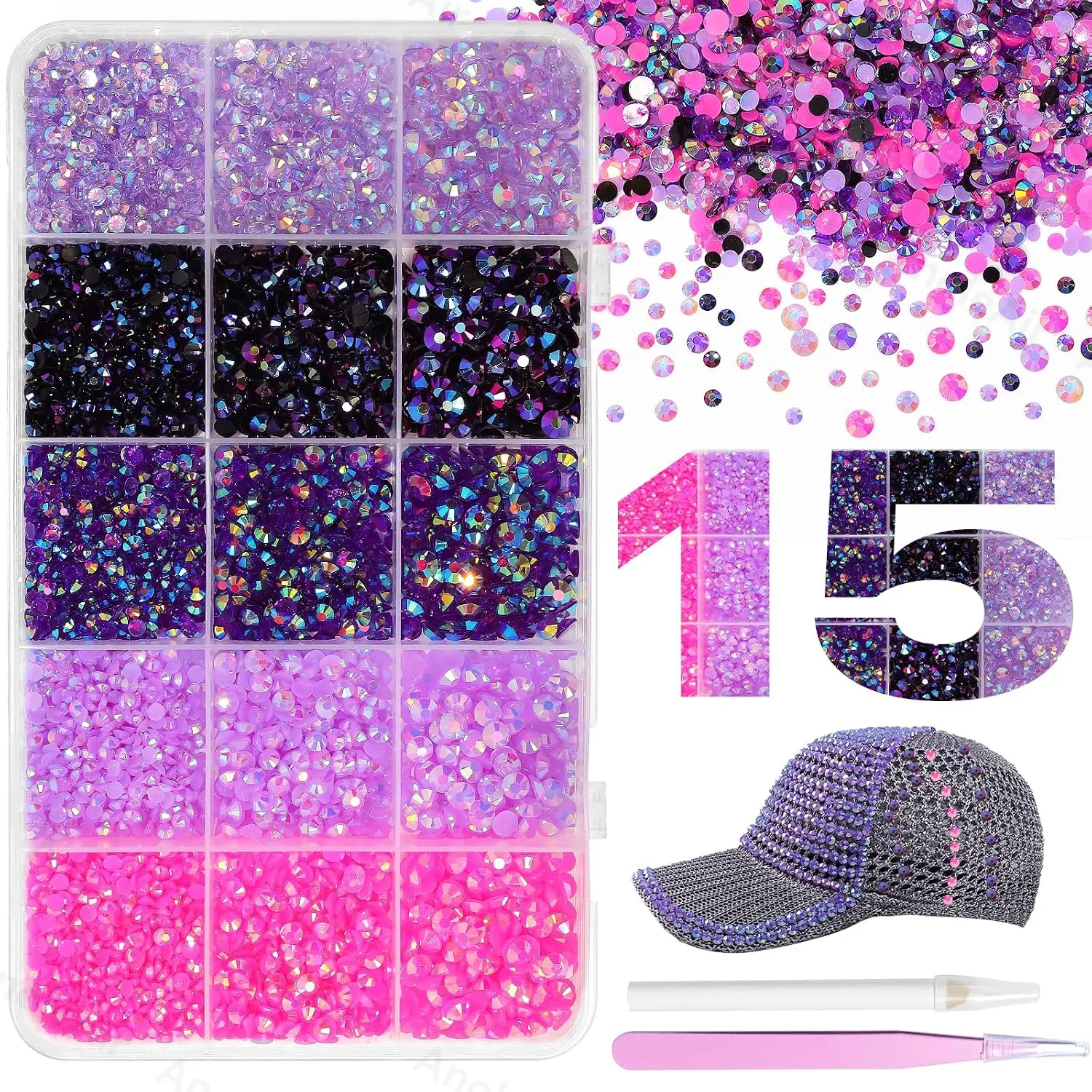 15000Pcs Purple Rhinestones for Bedazzling Kit, Flatback Resin Rhinestones | Mix Sizes Jelly Bedazzling Resin Gems, Purple Pink Gems Bedazzling for Crafting DIY Face Makeup Crafts