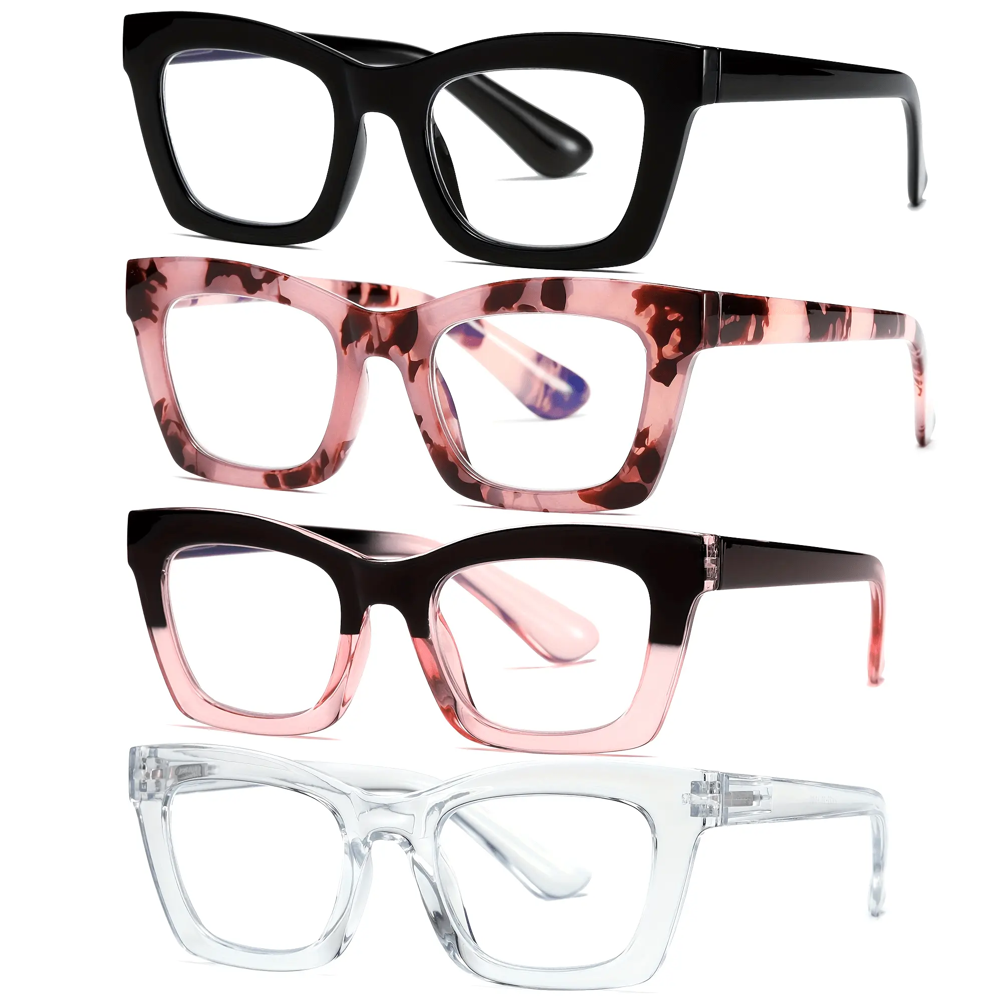 Oprah Style Square Reading Glasses, Black Plastic Frames for Women and Men with Blue Light Blocking and Spring Hinge, Accessories For Women, Acrylic, Female