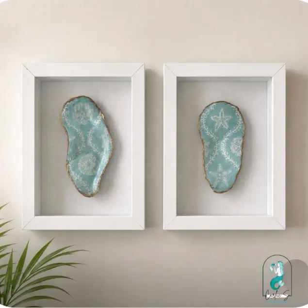 Coastal Oyster Shell Shadow Box Set Handmade Beach Wall Art Decoupage Oyster Shell Decor Nautical Cottage Decor Sea Life Wall Hanging