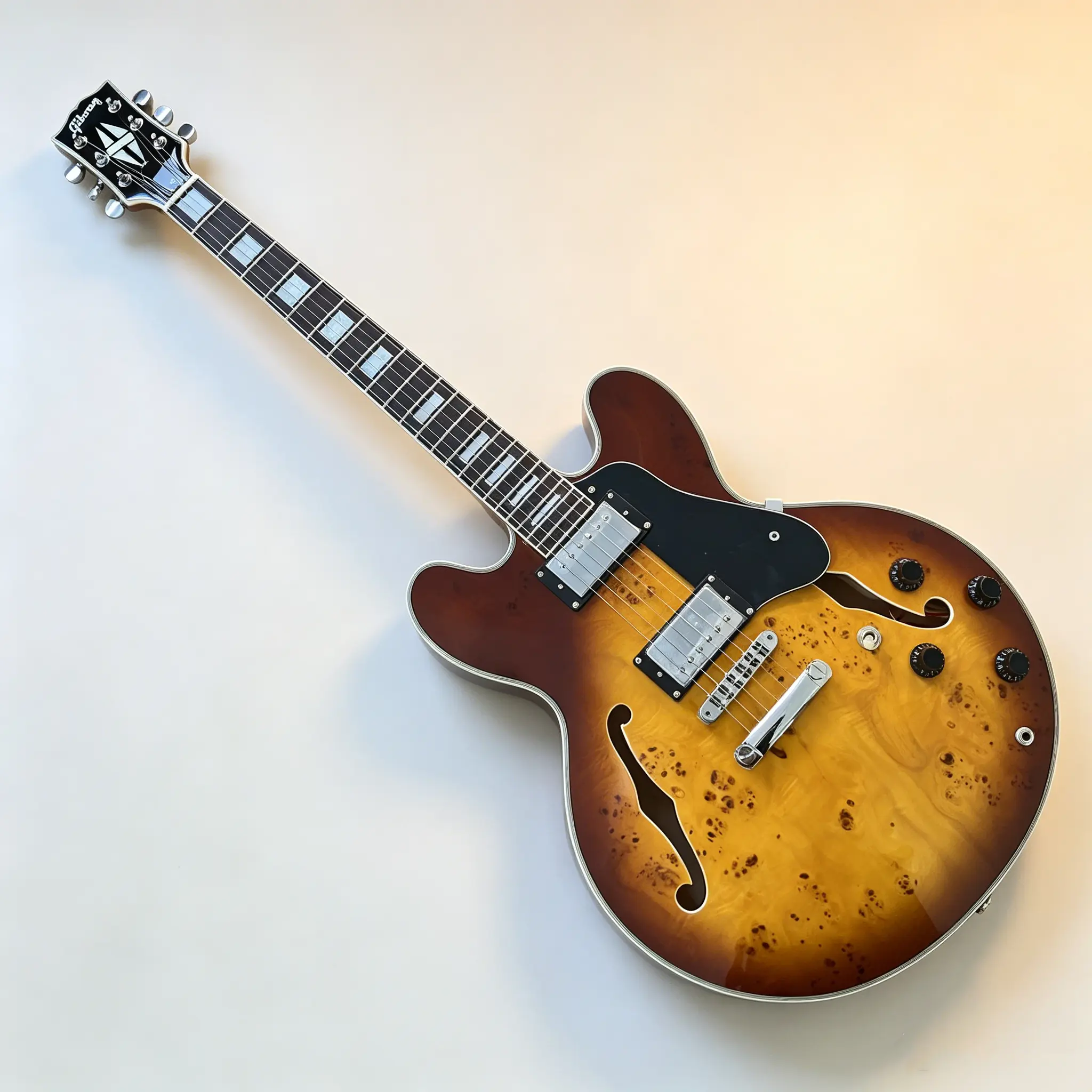 ES335 Semi-Hollow Maple Wood Electric Guitar - H-H Pickups, Chrome-Plated Hardware, 22 Frets, Natural Tree Burls, Tune-O-Matic Bridge, Rich Full Unique Sound, Versatile Choice for Beginners, Aesthetic