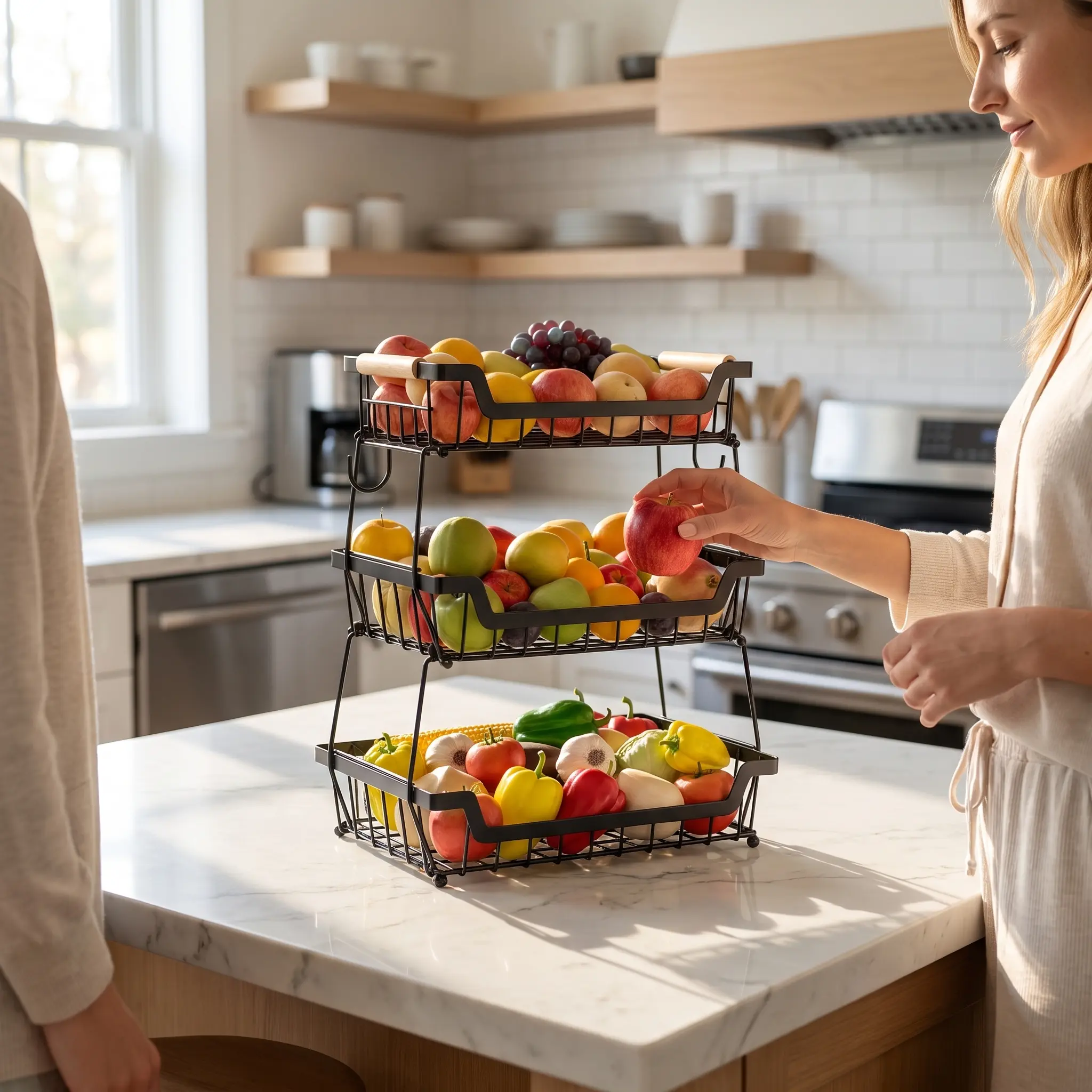 3-Tier Fruit Vegetable Storage Rack, Metal Kitchen Countertop Organizer with Banana Hook & Wooden Handles, Detachable Produce Basket for Snack Onion Potato