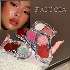 FAICCIA dual-color multi-purpose blush highlighter compact with matte, pearlescent shimmer for a natural, brightening effect. Buildable and suitable for eyes, lips, and face. One box for a full face look. Easily create a light, dewy look.