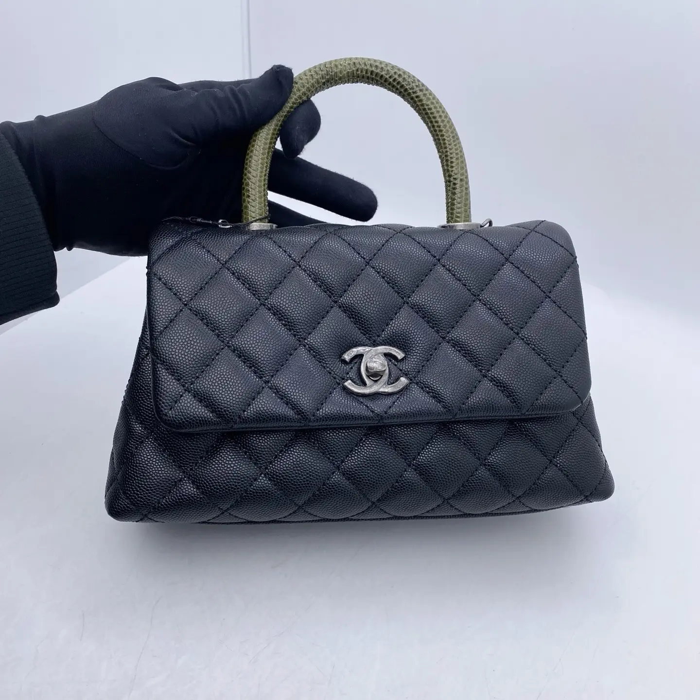 Pre-owned CHANEL Classic Small Top Handle Handbag Black Caviar Leather, Silver Hardware, Discontinued Green Lizard Skin Handle, Style 2602422