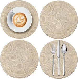 7 Inch Round Braided Placemats Set of 4,Coffee Mat,Table Mats,Non Slip Washable Heat Resistant Cotton Polyester Circle Place Mats for Kitchen Dinner Party Table Decoration (Beige)
