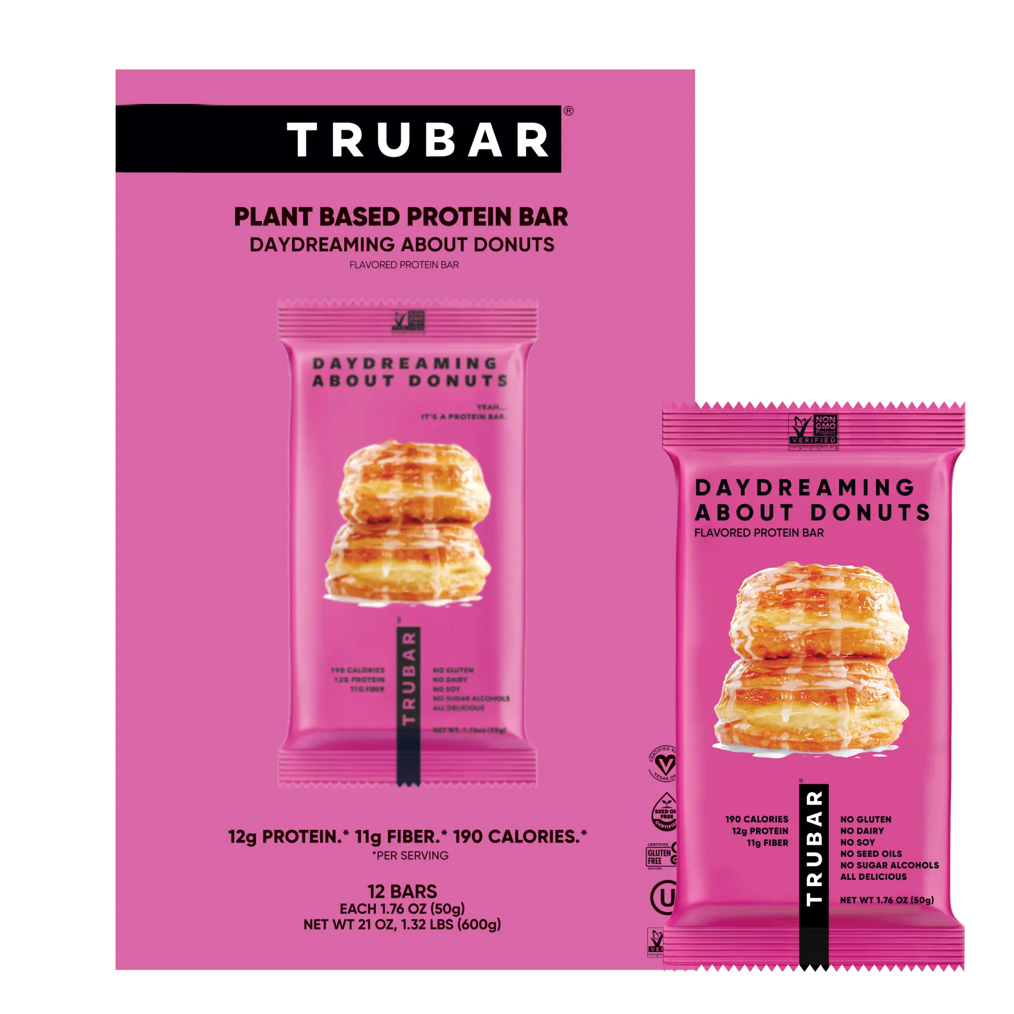 TRUBAR Vegan Protein Bar, Daydreaming About Donuts, Gluten Free, Plant Based Protein, Dairy Free, Non GMO, Soy Free, No Sugar Alcohols, 12G Protein, 12G Fiber, 23G Carb, On the Go Snack Bars, 12 CT