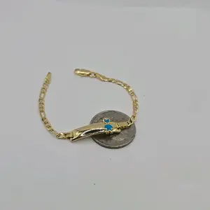 Gold-Plated Figaro Style ID Bracelet with Blue Kid for Small Kids (6 Inches)