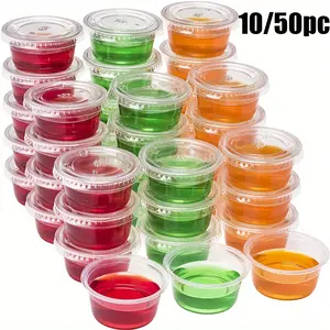 10/50pc Lidded Measuring Cups, Disposable Plastic Clear Cups for Meal Prep, Salad Dressing, Jelly, Soufflé, Seasonings, Dip Sauce