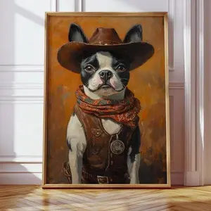 Sheriff Boston Terrier Dog in Western Hat & Vest Wall Art, Cowboy Dog Poster, Trendy Animal Rustic Print, Gift for Pet Lovers, Farmhouse Homes, Unframed