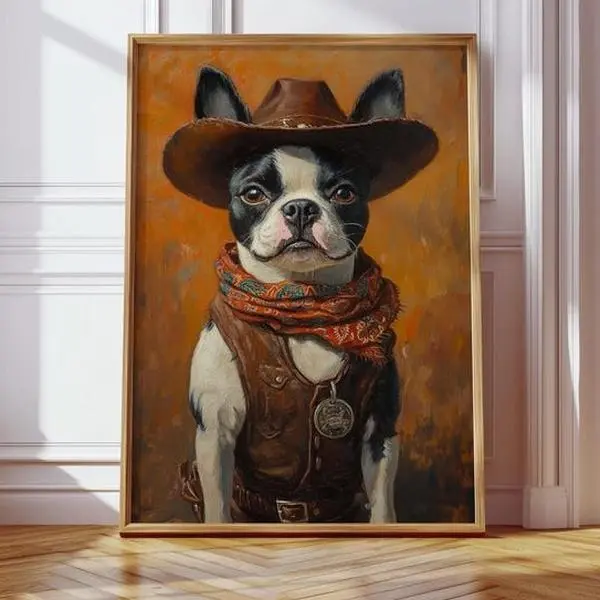 Sheriff Boston Terrier Dog in Western Hat & Vest Wall Art, Cowboy Dog Poster, Trendy Animal Rustic Print, Gift for Pet Lovers, Farmhouse Homes, Unframed Decor Ornaments