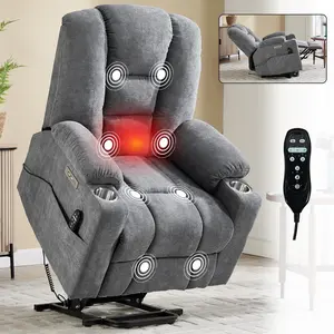 Lift Recliner Chair with Massage and Heat for Elderly, Overstuffed Wide Recliners, Heavy Duty Motion Mechanism with USB and Type C Ports, 2 Steel Cup Holders, Blue Grey