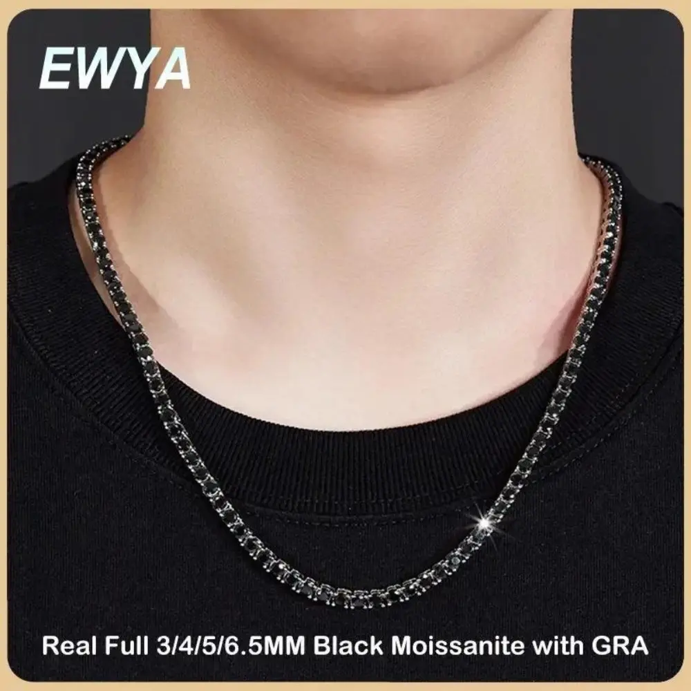 Real 3/4/5/6MM Full Black Moissanite Tennis Necklace for Women Men Unisex 925 Silver Neck Chain Necklaces