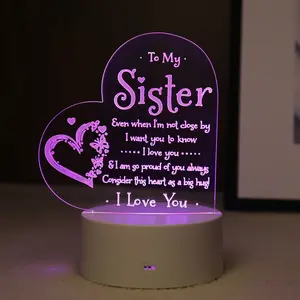 Heart Shaped 3D Night Light, 16 Color Gradient, Remote Control, Bedroom Decor,Afterprints Sister Gifts - to My Sister Night Light, Sister Birthday Gifts, Sisters Gifts from Sister Brother on Graduation, Wedding, Christmas, Engraved Night Lamp