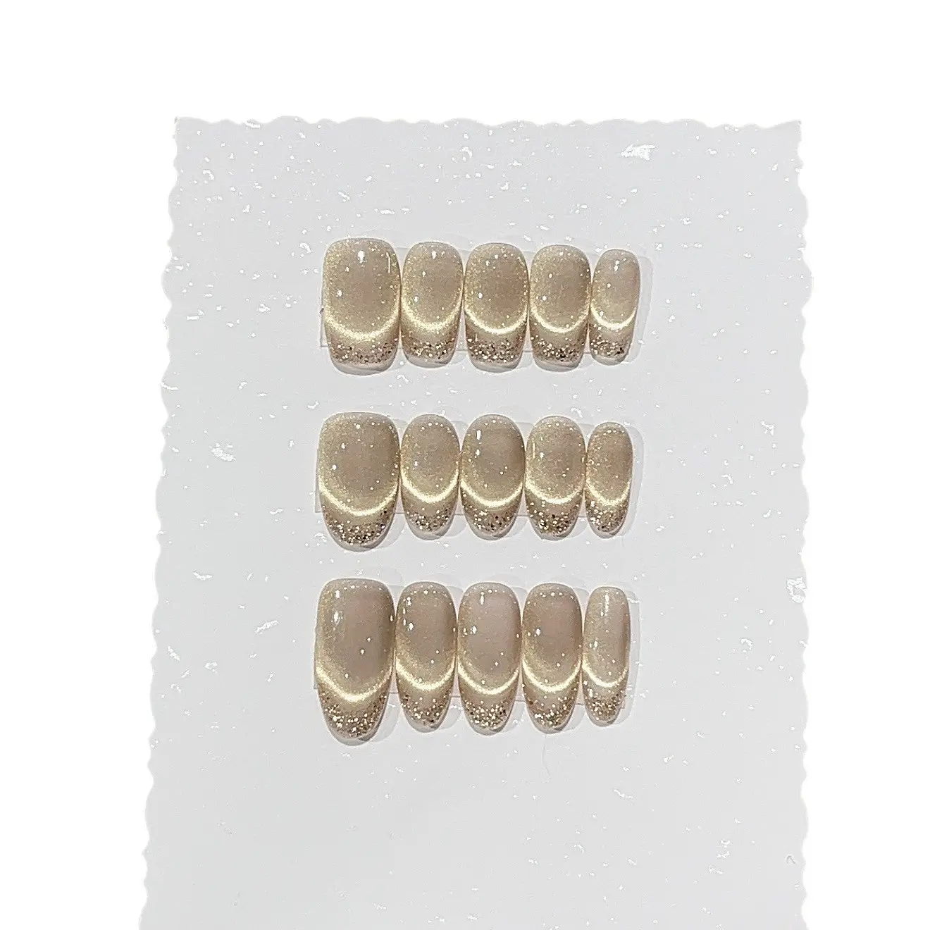 Reusable Acrylic Press-On False Nails (yzg-1688-short ellipse) - Chestnut-Gold Base, Champagne-Gold Micro-Glitter, Smile Line Gradient Halo Finish, Elegant Beauty Products with Modern Design Style, Fashion Unisex for Enhancing Your Manicure Effortlessly,,