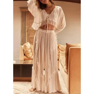 Women’s 2 Piece Pajama Set Long Sleeve Tie-up Front Crop Tops + Pants Set Loungewear